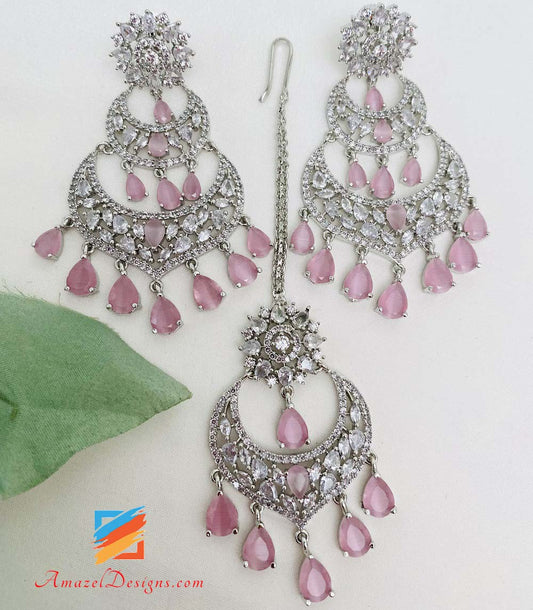 American Diamond (AD) Silver Pink Earrings Tikka Set