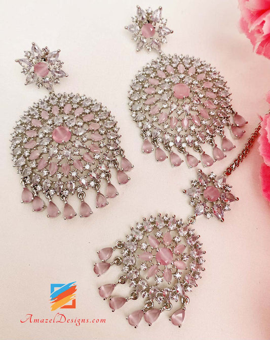 American Diamond (AD) Silver Pink Earrings Tikka Set