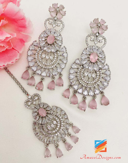 American Diamond (AD) Silver Pink Earrings Tikka Set