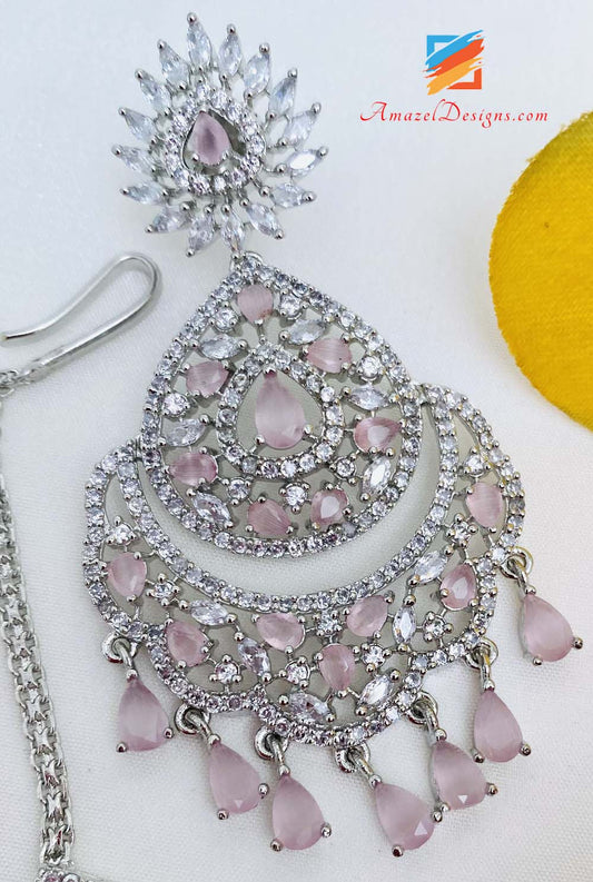 American Diamond (AD) Set di orecchini Tikka in argento rosa 