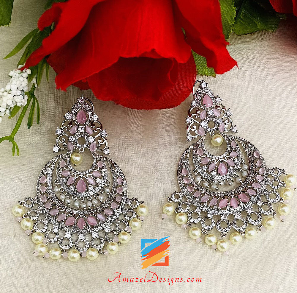 American Diamond (AD) Silver Pink Earrings