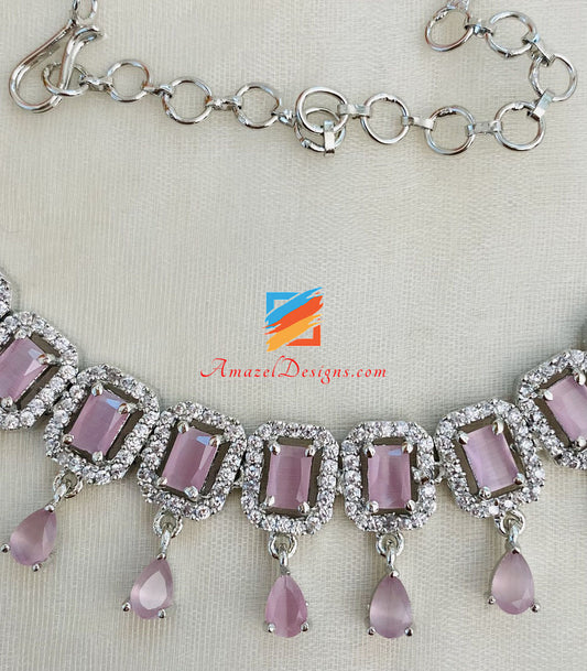 American Diamond (AD) Silver Pink Single Line Necklace