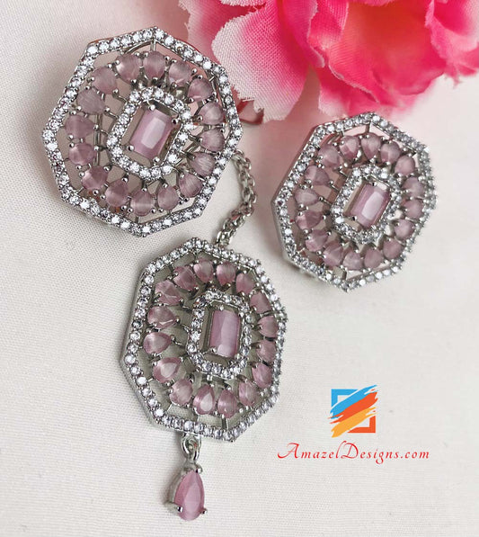 American Diamond (AD) Silver Pink Studs Tikka Set