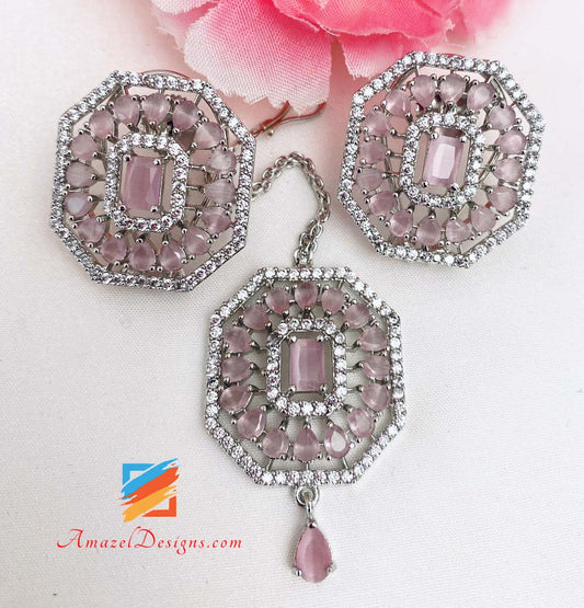 American Diamond (AD) Tikka-Set mit silbernen rosa Ohrsteckern