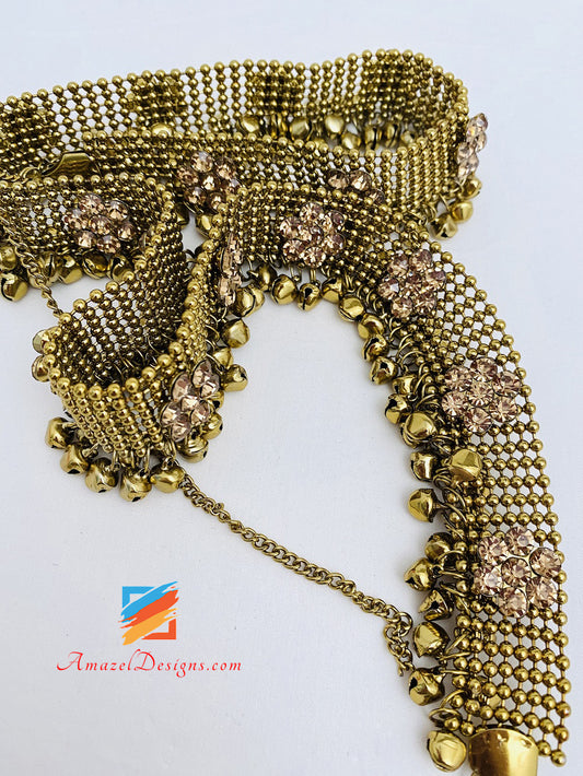 Antique Dull Gold Kundan Ghungroo Waist Belt Kamarband