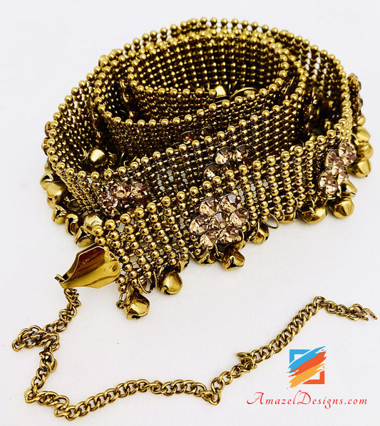 Antique Dull Gold Kundan Ghungroo Waist Belt Kamarband