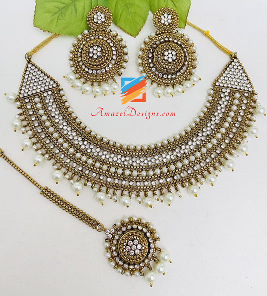 Antique Dull Gold White Stones Pearls Necklace Set