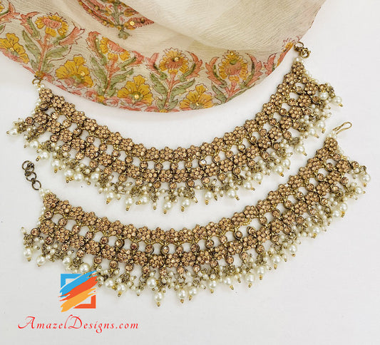Antique Flower Stone Pearl Payal