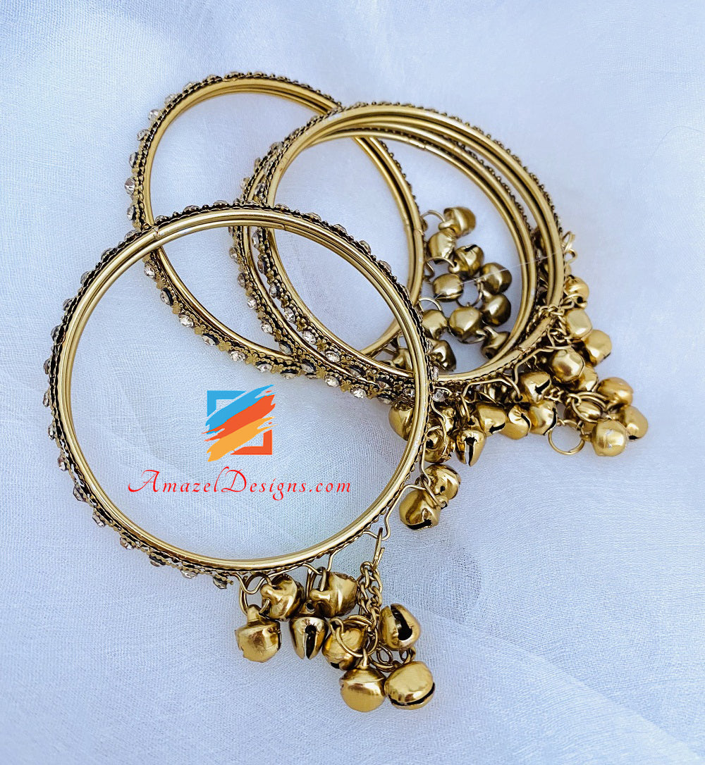 Antique Gold Stone Bangles with hanging Bells (Ghungroo)