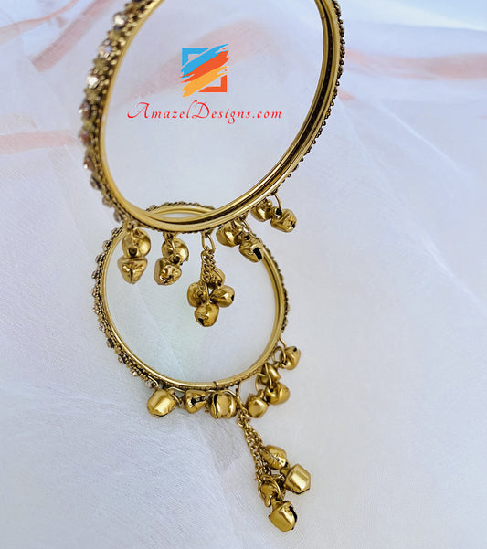 Antique Gold Stone Bangles with hanging Bells (Ghungroo)