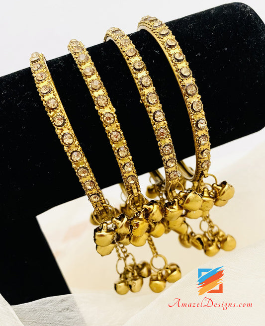 Antique Gold Stone Bangles with hanging Bells (Ghungroo)
