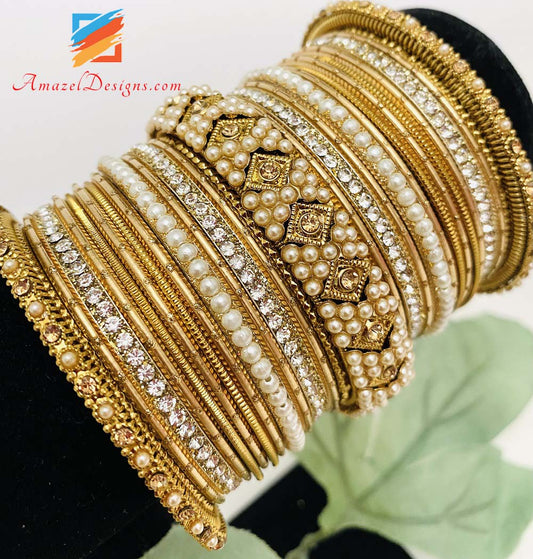 Antique Kada And Pearl Stone Golden Bangles Set