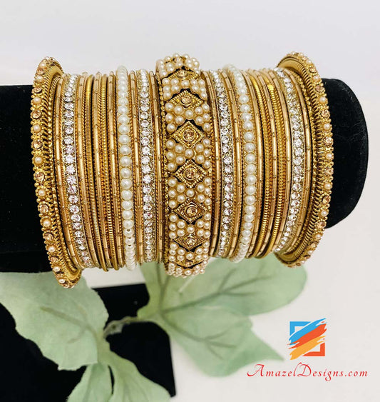 Antique Kada And Pearl Stone Golden Bangles Set