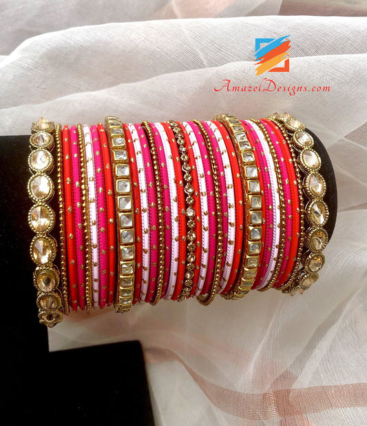Pink Red Hot Pink Kundan Bangles Set