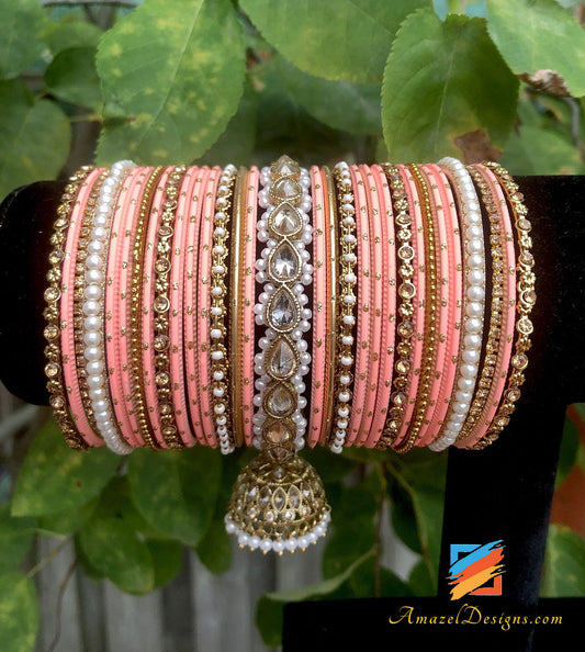 Peach Polki Jhumki Bangles Set