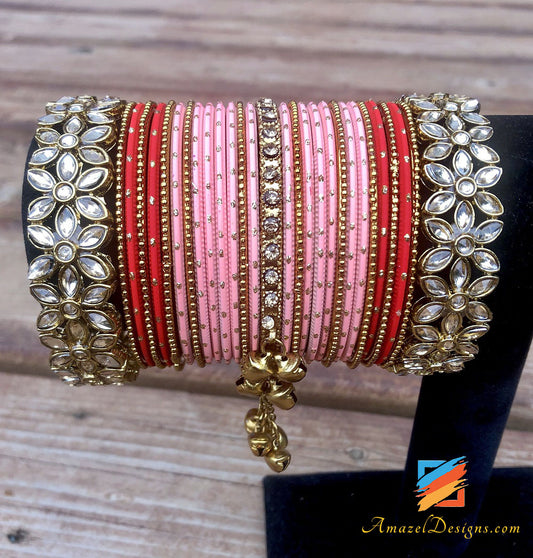 Red Pink Polki Kadas And Ghungroo Kada Bangles Set