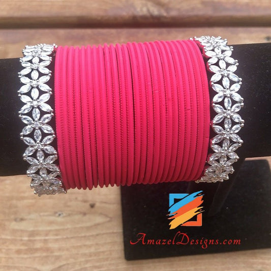 Hot Pink (Magenta) Silver American Diamond Set