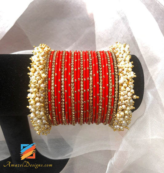 Red Small Beads Bunches Kadas Bangles Set