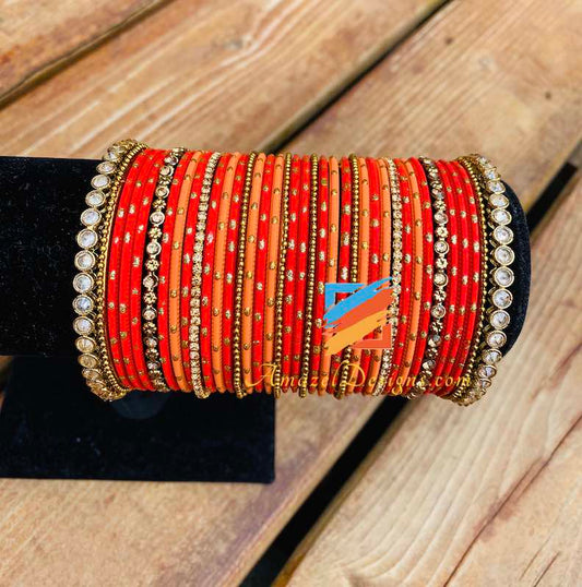 Orange Red Bangle Set with Polki Kadas