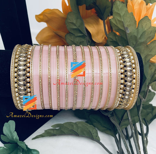 Baby Pink Golden Bangles And Polki Kada Churra