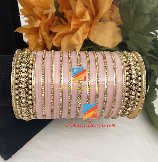 Baby Pink Golden Bangles And Polki Kada Churra