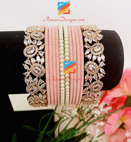 Pink Bangle Set With Rose Gold American Diamond Kadas