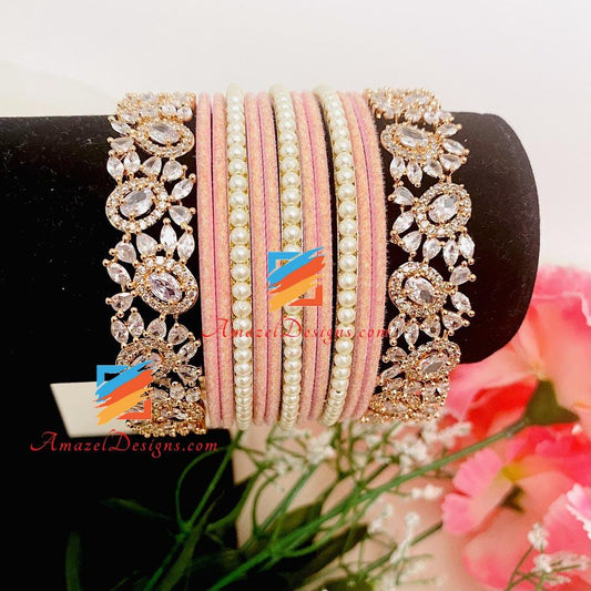 Pink Bangle Set With Rose Gold American Diamond Kadas