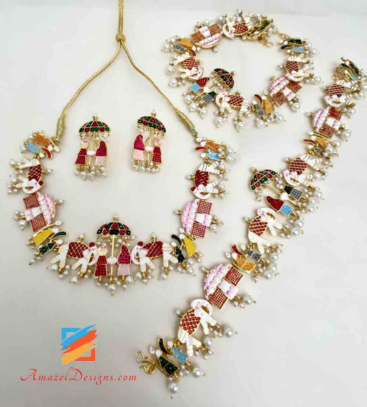 Baraat/Doli bunte Halsketten-Ohrringe oder Payal- oder Kombi-Optionen 