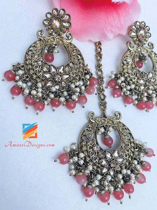 Beautiful Earring Tikka Set with Pink Beads