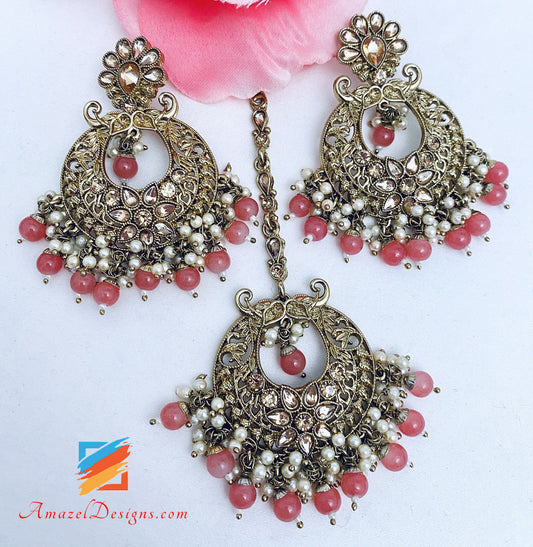 Beautiful Earring Tikka Set with Pink Beads