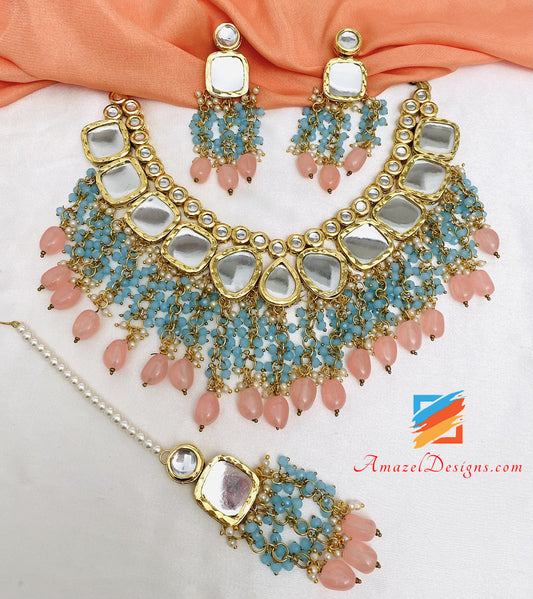 Big Kundan Feerozi Peach Necklace Earrings Tikka Set