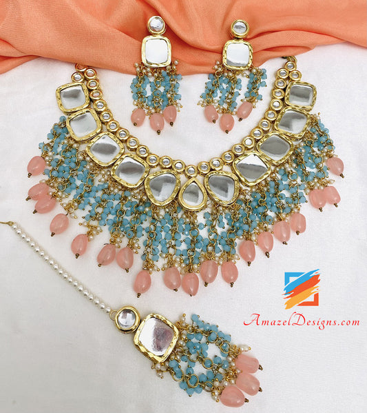 Big Kundan Feerozi Peach Collana Orecchini Set Tikka 