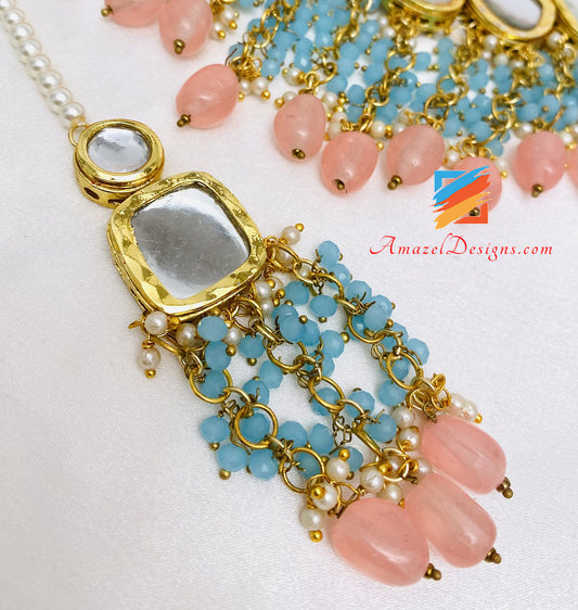 Big Kundan Feerozi Peach Necklace Earrings Tikka Set