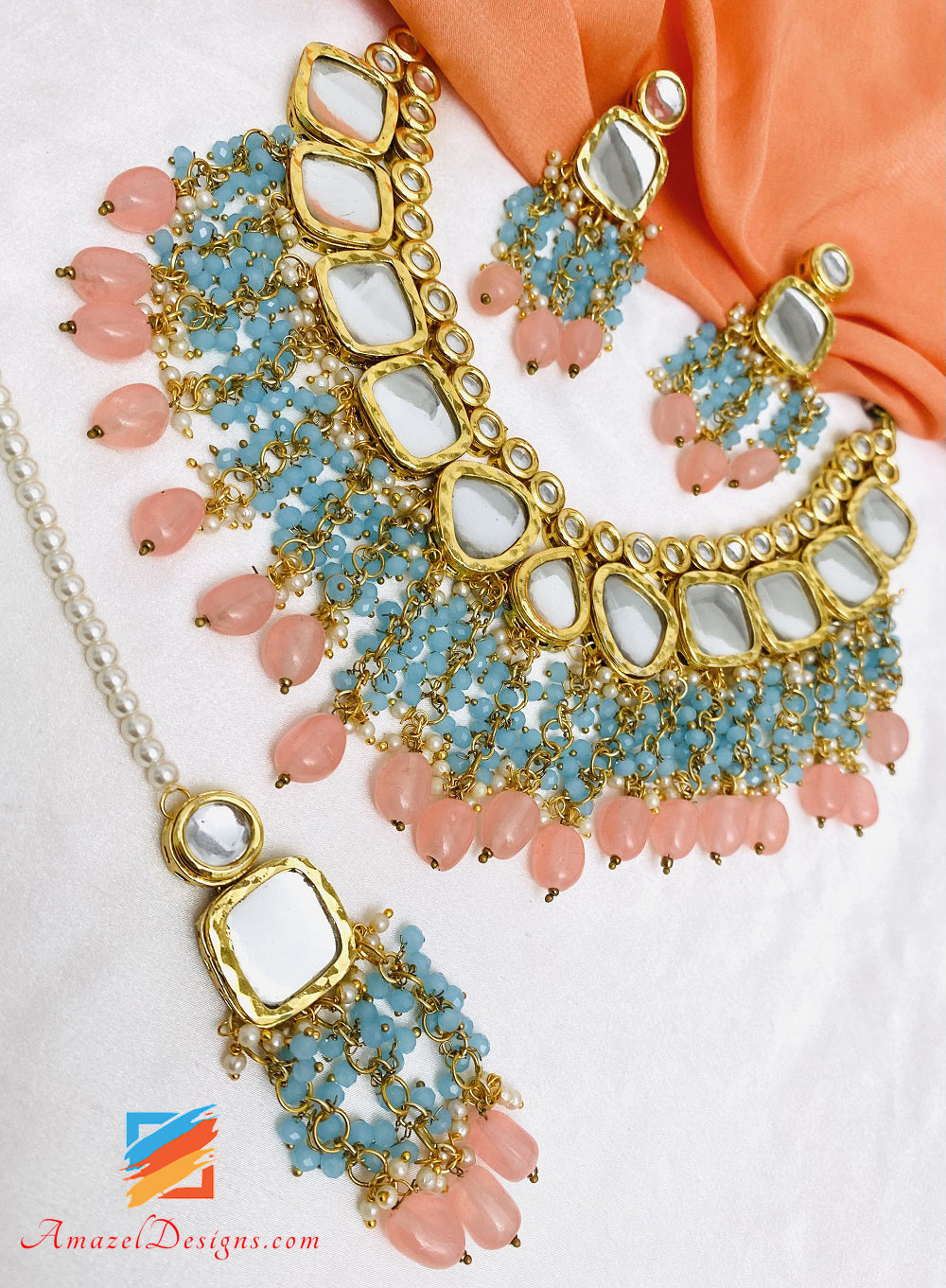 Big Kundan Feerozi Peach Necklace Earrings Tikka Set