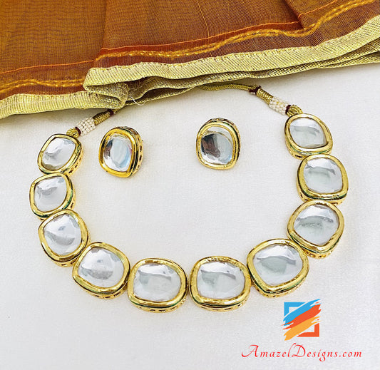 Big Kundan Flexible Lightweight Choker Necklace Studs Earrings Set