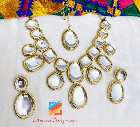 Big Size Kundan Flexible Lightweight Necklace Earrings Tikka Set