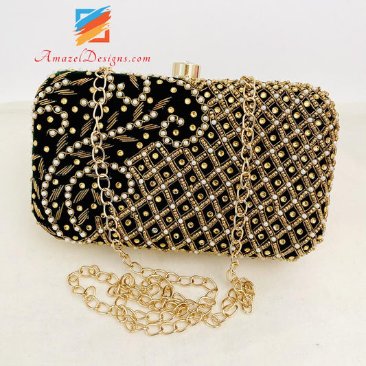 Black Clutch Both Sides Heavy Work Of Stones, Pearls And Dabka