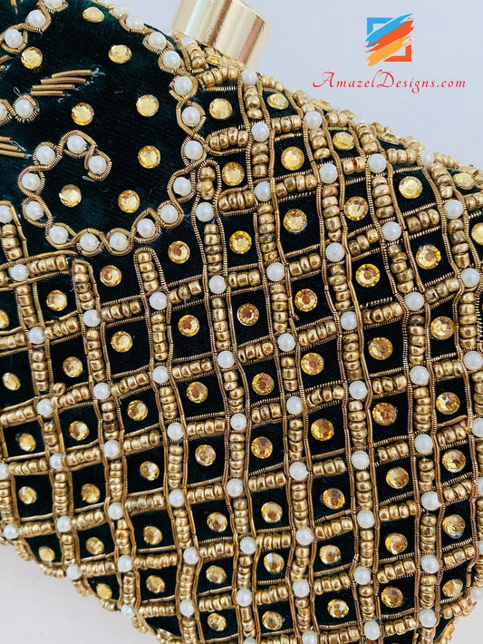 Black Clutch Both Sides Heavy Work Of Stones, Pearls And Dabka