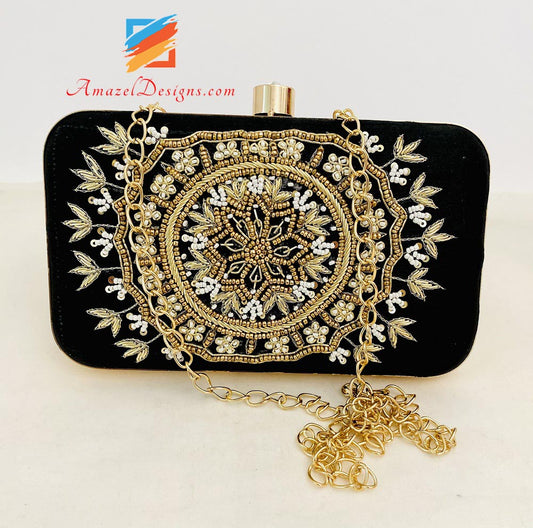 Black Clutch One Side Tilla Moti Work