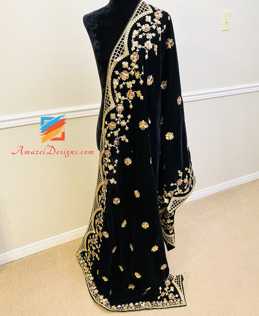 Black Copper Sitara Work Velvet Shawl