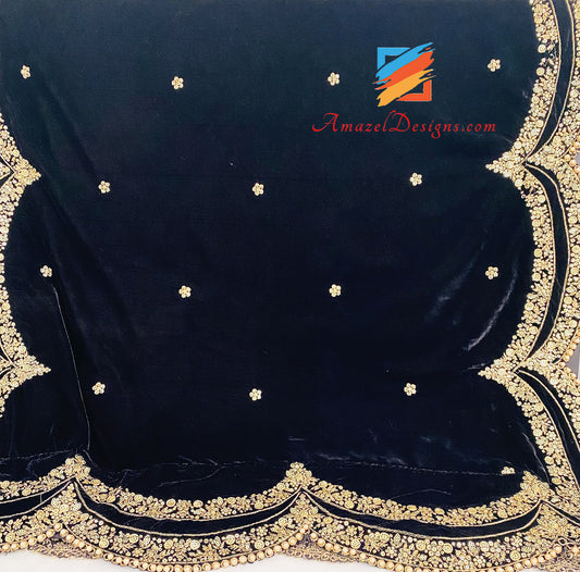 Black Golden Tilla Sitara Beads Cut Work Velvet Shawl