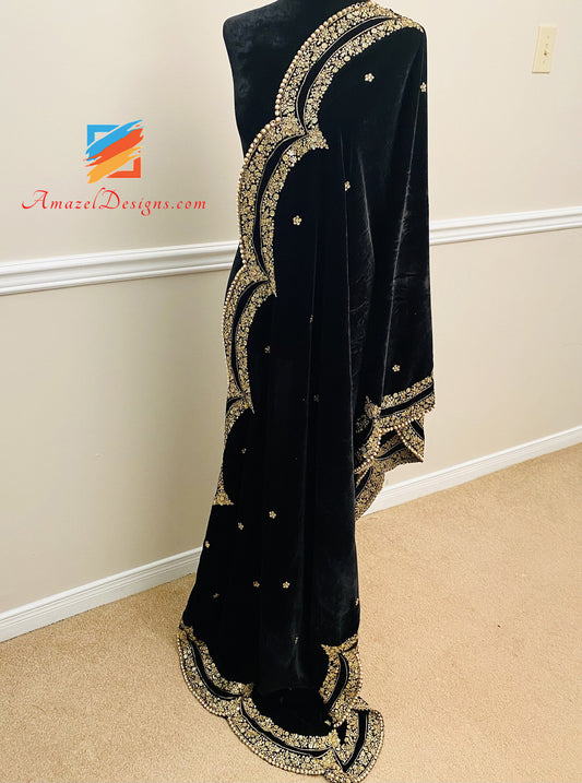 Black Golden Tilla Sitara Beads Cut Work Velvet Shawl