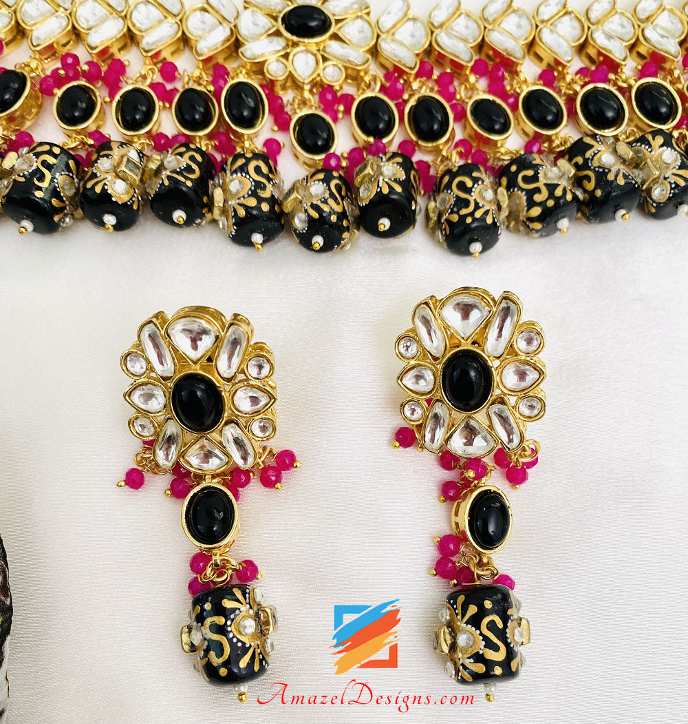 Black Kundan Tumble Moti Choker Necklace Earrings Set