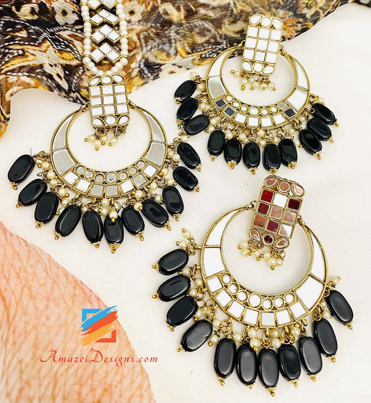 Black Lightweight Sheesha Earrings Tikka Set