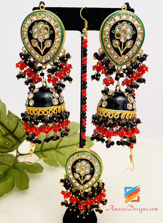 Black Meenakari Jhumka Tikka Set