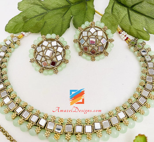 Mirror Single Line Choker Necklace Studs Earrings Tikka Set