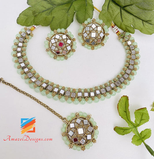 Mirror Single Line Choker Necklace Studs Earrings Tikka Set
