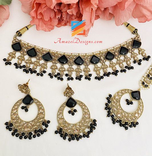 Black Monalisa Polki Necklace Earrings Tikka Set