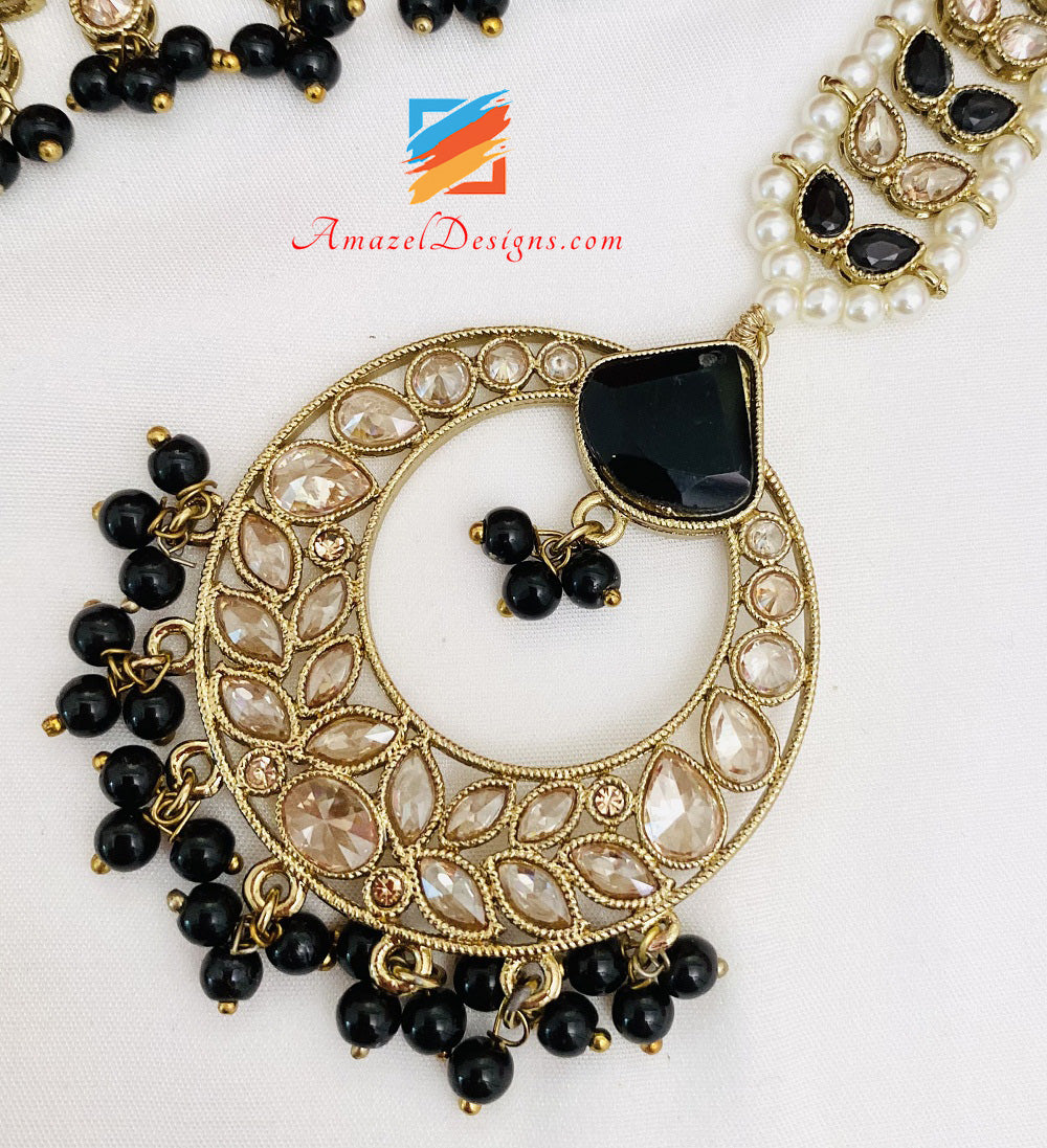 Black Monalisa Polki Necklace Earrings Tikka Set