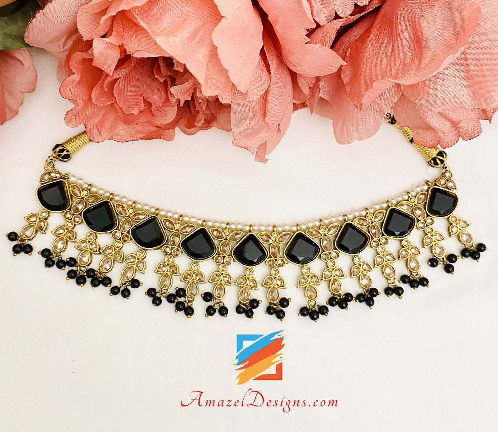 Black Monalisa Polki Necklace Earrings Tikka Set